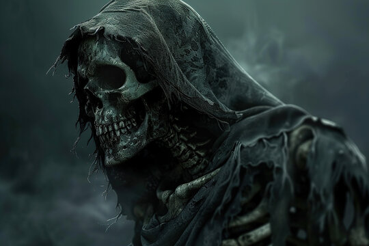 Scary grim reaper with sharp scythe in hell with dark dramatic color, abstract vivid composition consists of fictional unreal fantastic vision on background