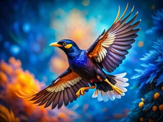 Fototapeta premium Surreal Myna Bird in Flight, Vibrant Blue Background - Stock Photo
