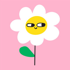 Funny chamomile. Hand drawn design. Illustration on pink background.