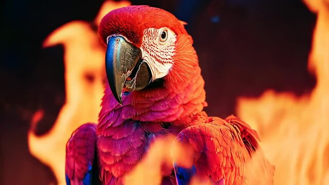 Scarlet Macaw in Fiery Embrace, parrot, bird, red bird, fire, flames