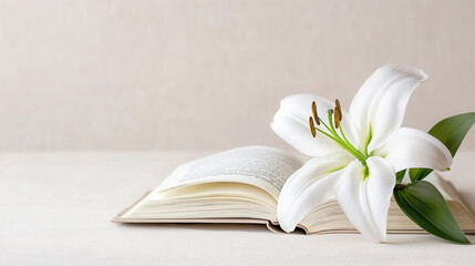 Assumption of mary prayer book with elegant white lily for religious reflection