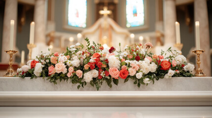 Floral arrangement on church altar for assumption of mary celebration
