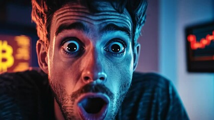Shocked Man Reacting to Bitcoin Price Volatility on Screen, surprise, amazed, astonished, wow, cryptocurrency - Powered by Adobe