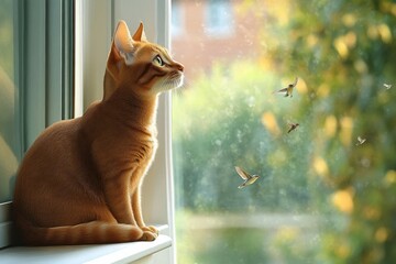 Abyssinian cat with sparrows focused in natural light scene