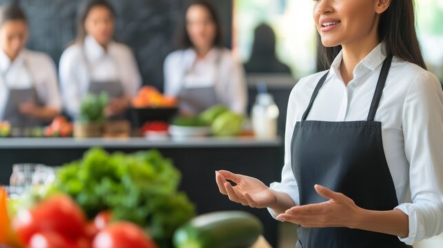 A woman in an apron gestures while discussing food preparation with others in a kitchen setting.