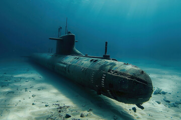 Beautiful large submarine floating in middle of deep ocean during mission, abstract vivid composition consists of fictional unreal fantastic vision on background