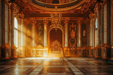 Fantastically beautiful throne of power of king or queen in throne room, abstract vivid composition consists of fictional unreal fantastic vision on background