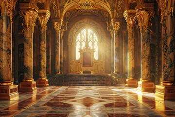 Fantastically beautiful throne of power of king or queen in throne room, abstract vivid composition consists of fictional unreal fantastic vision on background