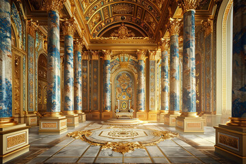 Fantastically beautiful throne of power of king or queen in throne room, abstract vivid composition consists of fictional unreal fantastic vision on background