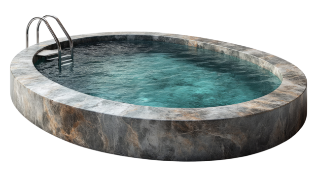 Oval swimming pool with concrete deck and metal ladder isolated on a white transparent background