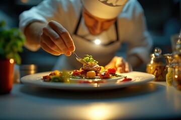 A chef meticulously garnishes a gourmet dish, showcasing culinary artistry and precision.