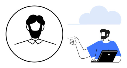 Digital avatar inside a circle with a bearded man at a laptop pointing to a cloud. Ideal for identity, online communication, cloud technology, social media, profiles, remote work, connectivity