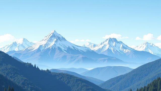 Majestic mountain range captivates with snowy peaks at eye level; serene backdrop features four distant, smaller summits
