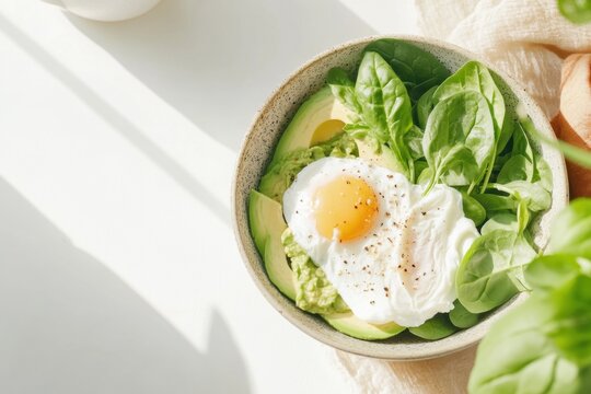 Vibrant avocado bowl with poached egg and fresh spinach presented from above