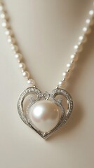 This elegant heart-shaped necklace features a lustrous pearl surrounded by intricate diamond accents. A perfect accessory for special occasions and everyday elegance.