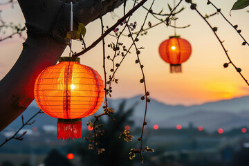 Obraz premium Beautiful holiday composition for happy celebrate chinese festival of lanterns, abstract vivid composition consists of fictional unreal fantastic vision on background