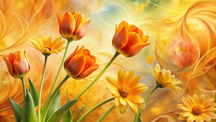 Surreal Watercolor Floral Pattern: Orange Tulips & Yellow Daisies