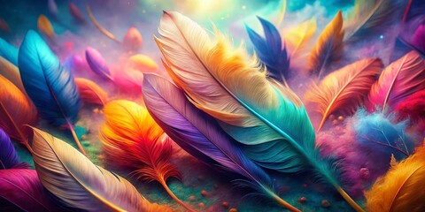 Obraz premium Surreal Watercolor Feather Flat Lay: Diagonal Rows of Colorful Plumage