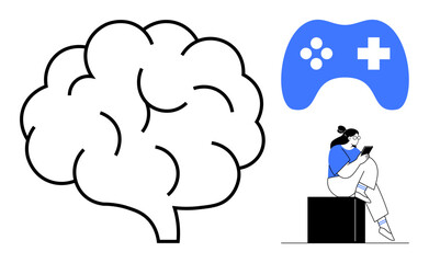 Large brain icon with blue game controller and person using a tablet. Ideal for cognitive science, e-learning, digital engagement, gaming, neuropsychology, mental health, educational technology. Line