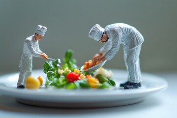 Miniature chefs meticulously prepare a vibrant and colorful salad on a pristine white plate.