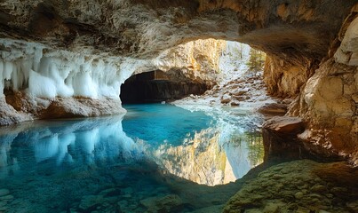 Naklejka premium Majestic Ice Cave with Reflective Blue Waters, Generative AI