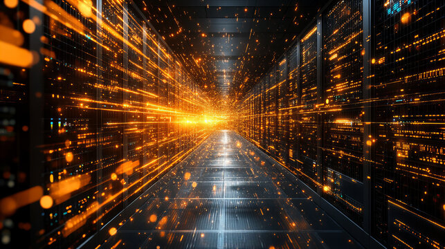 secure server room with advanced technology, glowing data streams, and high speed connections creates futuristic atmosphere. vibrant lights enhance sense of innovation and security