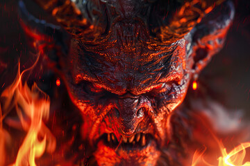 Scary sinister devil is in hell with dramatic bright fire lighting, abstract vivid composition consists of fictional unreal fantastic vision on background