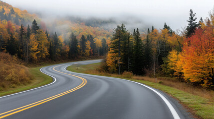 Fototapeta premium winding highway curves through foggy, scenic autumn landscape with vibrant fall foliage and misty mountains in background, creating mysterious and serene atmosphere