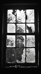 A black and white image of a broken window with cracked glass in an abandoned building, highlighting light and shadows.