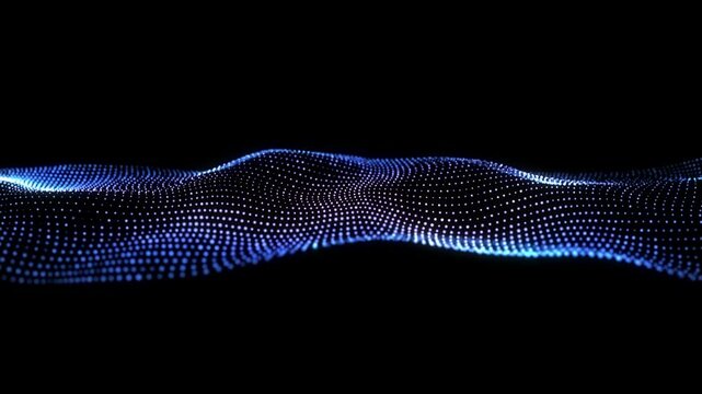 Abstract blue dotted wave pattern on black background for futuristic