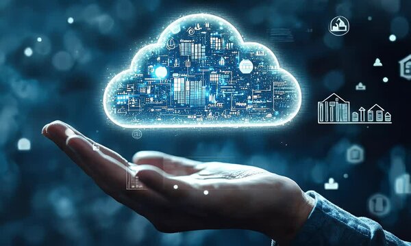 Hand holding digital cloud data; network, storage, security concept; bokeh background; tech illustration