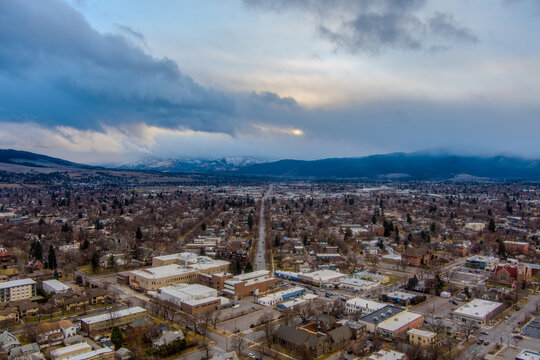 Aerial view of Missoula, Montana in December