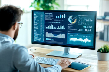 A professional analyzing data on a computer screen, showcasing various graphs and metrics in a modern office environment.