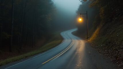 Fototapeta premium winding road illuminated by single streetlight curves through foggy forest, creating mysterious and serene atmosphere. scene is enveloped in mist, enhancing scenic beauty