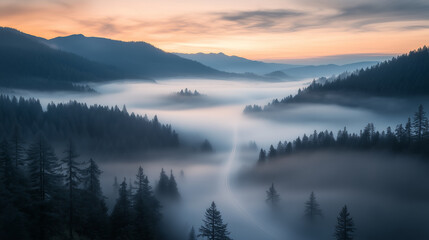 Fototapeta premium scenic highway winds through mysterious foggy landscape at sunrise, surrounded by dense forests and distant mountains, creating serene and ethereal atmosphere