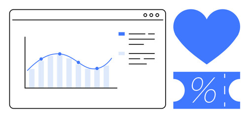 Web analytics dashboard showing a line graph and bar chart, accompanied by a heart and percentage discount ticket. Ideal for business analytics, marketing strategies, data visualization, customer