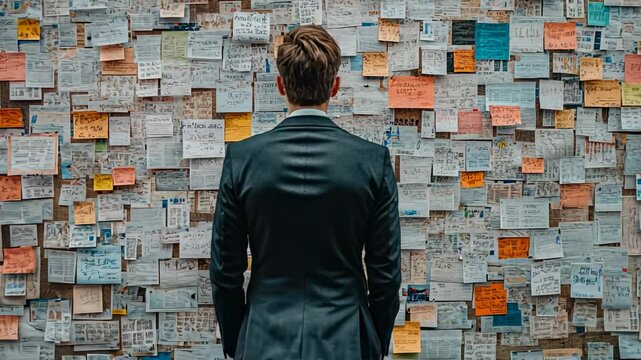 Businessman Overwhelmed by Information on a Wall of Sticky Notes, back, rear view, information overload, post-it notes, paperwork