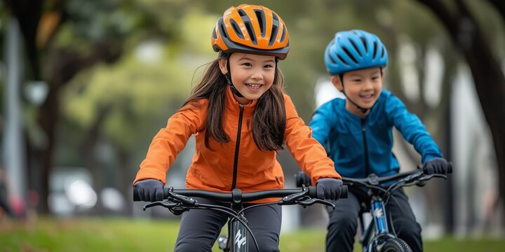 Two happy asian children wearing helmets riding bicycles in a park