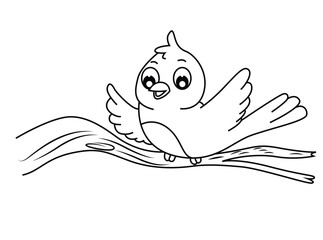 Fototapeta premium Cute cartoon hand drawn vector funny baby bird sitting on tree branch coloring page.