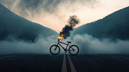 Obraz premium Burning Concept, burning bicycle on foggy road surrounded by mountains evokes mystery