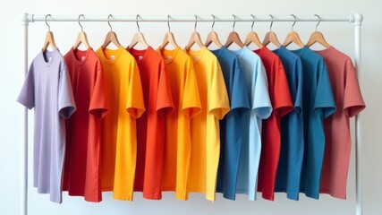 Obraz premium pile of colorful t-shirts on a hanger on a white background.
