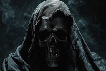 Scary grim reaper with sharp scythe in hell with dark dramatic color, abstract vivid composition consists of fictional unreal fantastic vision on background