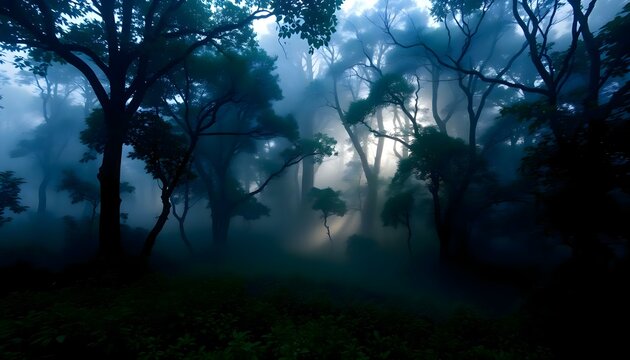 a foggy forest filled with lots of trees