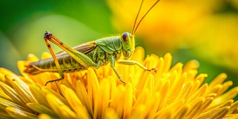 Fototapeta premium Tiny Grasshopper on Yellow Dandelion Flower - Macro Closeup 4K Stock Photo