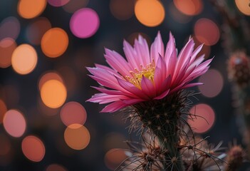 A vibrant pink cactus flower is in sharp focus against a softly blurred background of warm-toned bokeh lights.