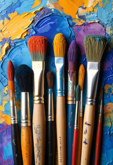 Fototapeta premium A Palette of Creativity: A vibrant array of paintbrushes, their bristles still glistening with color, lies nestled against a canvas splashed with hues of blue, yellow, and orange.