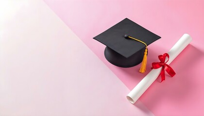 Graduation cap and diploma set on a pink background, embodying the spirit of achievement and the graduation concept