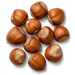 A photostock of a group of brown hazelnuts with cracked shells, isolated on a white background, crunchy and natural, High Quality