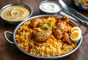 A Spicy Indian Biryani With Fragrant Basmati Rice, Tender Chicken, And Rich Spices, Served With A Side Of Raita And A Boiled Egg