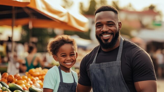 A smiling father and daughter at a vibrant market filled with fresh produce.